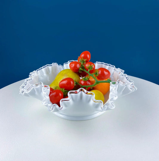 Large Silvercrest Milk Glass fruit bowl, ruffled edge, filled with cherry tomatoes and pears on Tampa Home & Garden Store