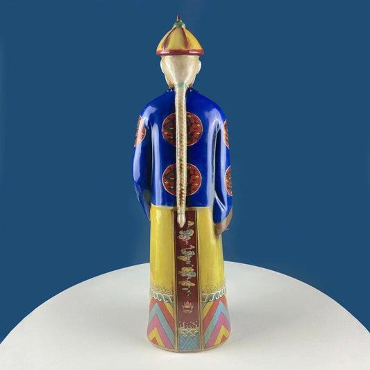 Qing Scholar of Calligraphy figurine viewed from back; blue robe with red medallions, yellow hat on Tampa Home & Garden Store