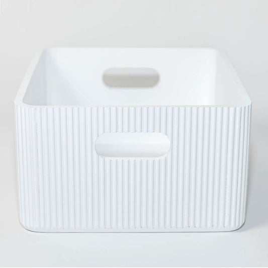 Wooden ribbed white bin with lid and centered oval handle for home organization on Tampa Home & Garden Store