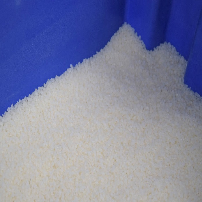 Stockosorb Polymers granular fertilizer beads white in a blue bin Rivendell Distribution on Tampa Home & Garden Store