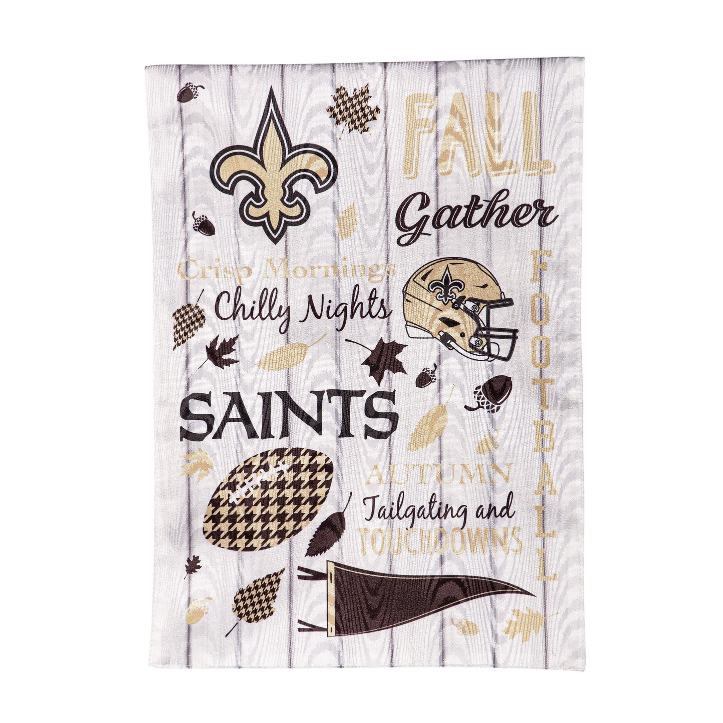 New Orleans Saints moire flag with gold fleur-de-lis on wood plank backdrop, fall theme on Tampa Home & Garden Store