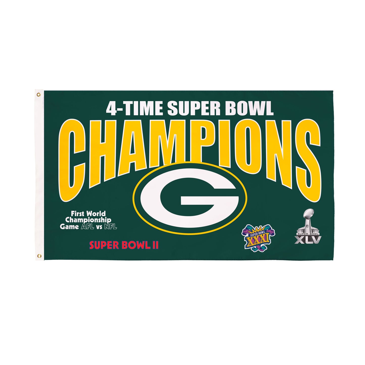 Packers 4-Time Super Bowl Champions flag, 3x5 sublimated green banner with bold yellow PACKERS text and G logo left grommet by Evergreen Enterprises on Tampa Home & Garden Store