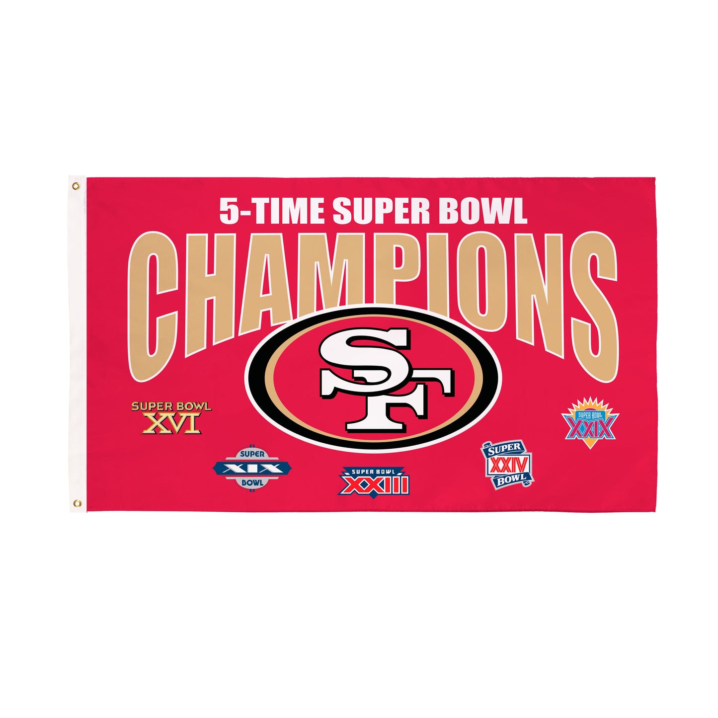 Red San Francisco 49ers 3x5 champions flag with CHAMPIONS lettering, team logo, and Super Bowl logos on Tampa Home & Garden Store