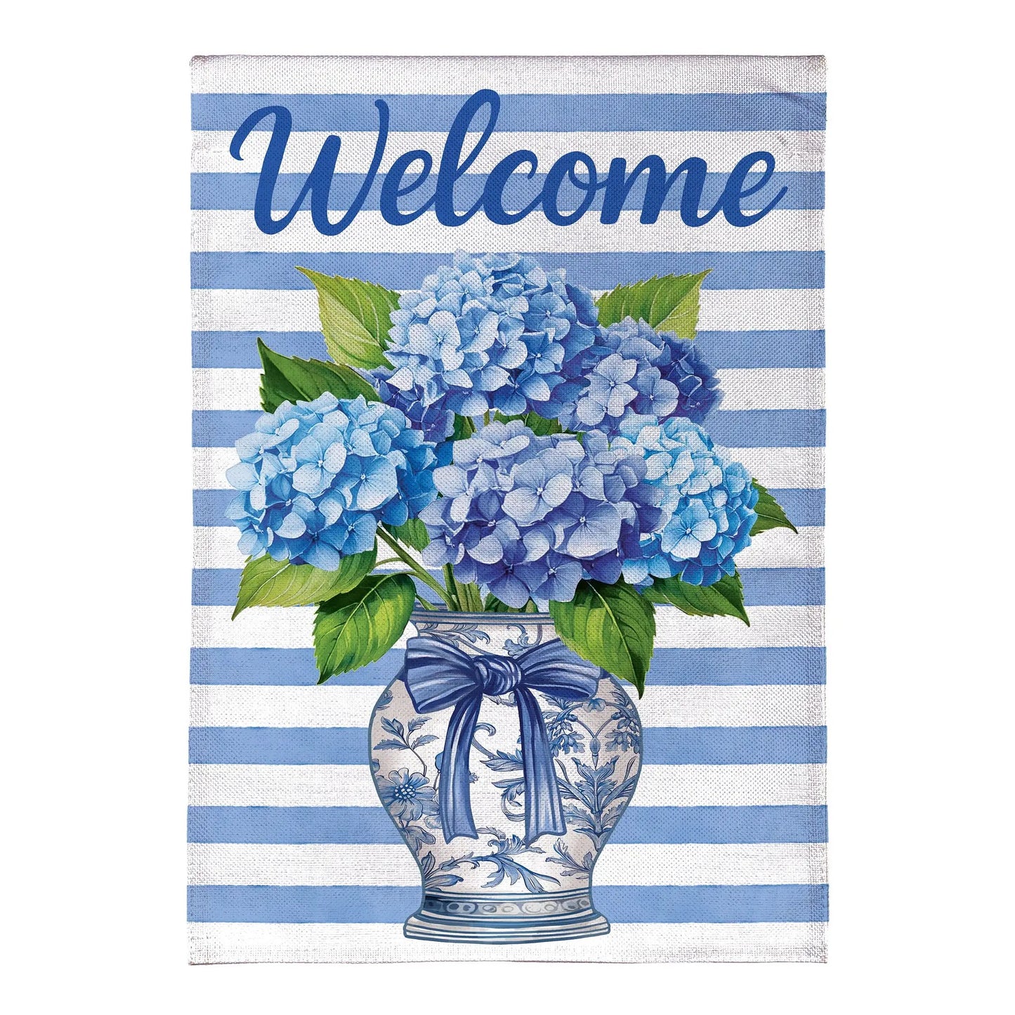 Hydrangea vase burlap house flag with blue hydrangea blooms on striped flag backdrop on Tampa Home & Garden Store