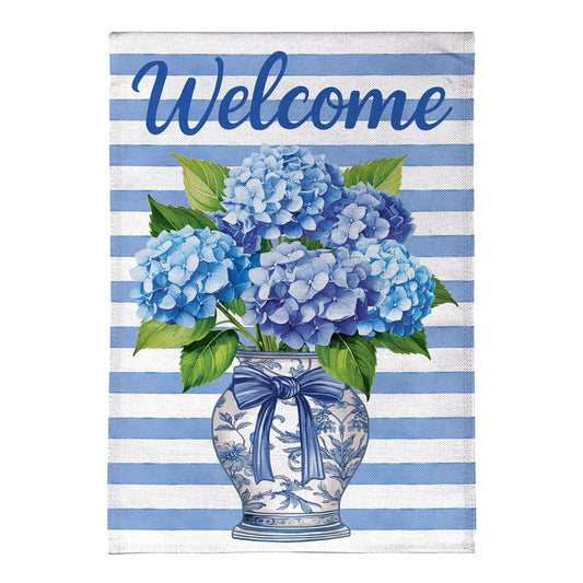 Hydrangea vase burlap house flag with blue hydrangea blooms on striped flag backdrop on Tampa Home & Garden Store