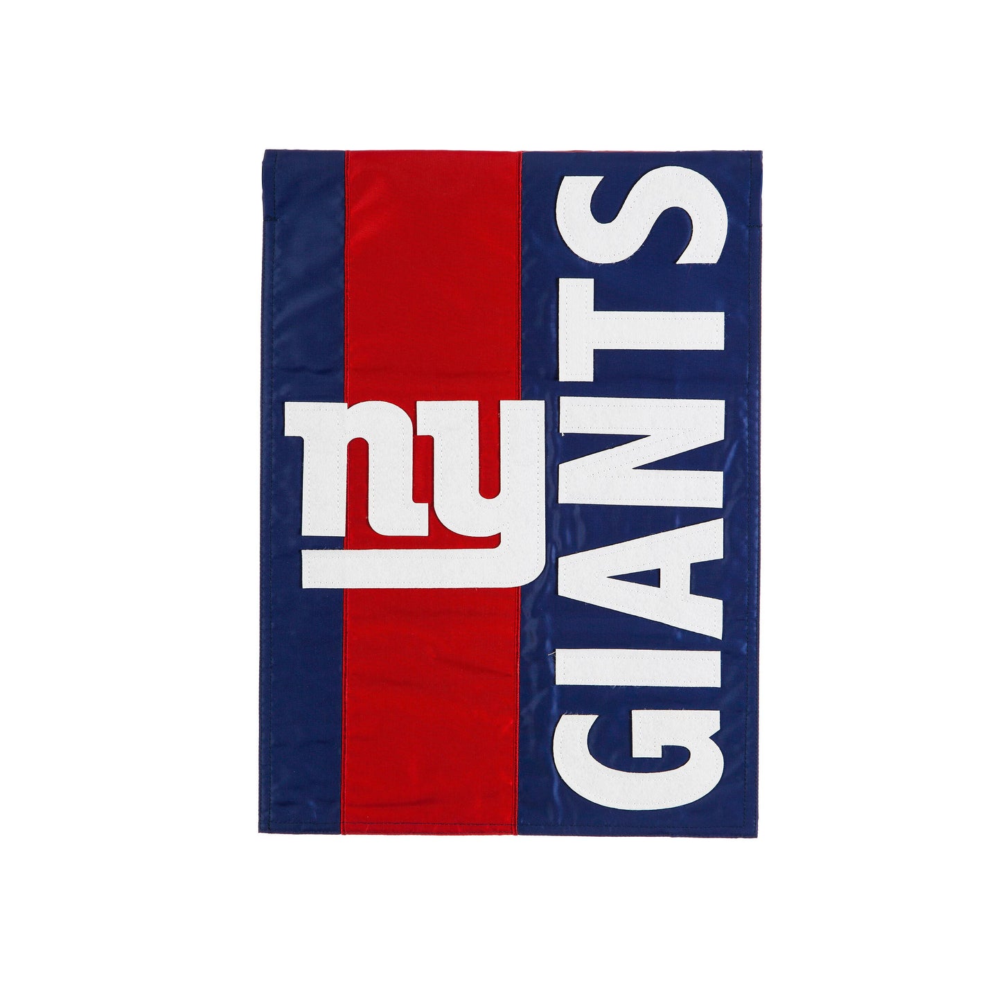 New York Giants Embellished Garden Flag navy blue with red stripe bold white applique letters on Tampa Home & Garden Store