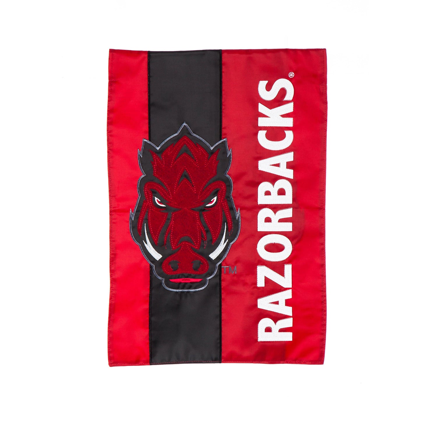 Garden flag University of Arkansas Embellish red with black center stripe and Razorbacks on Tampa Home & Garden Store