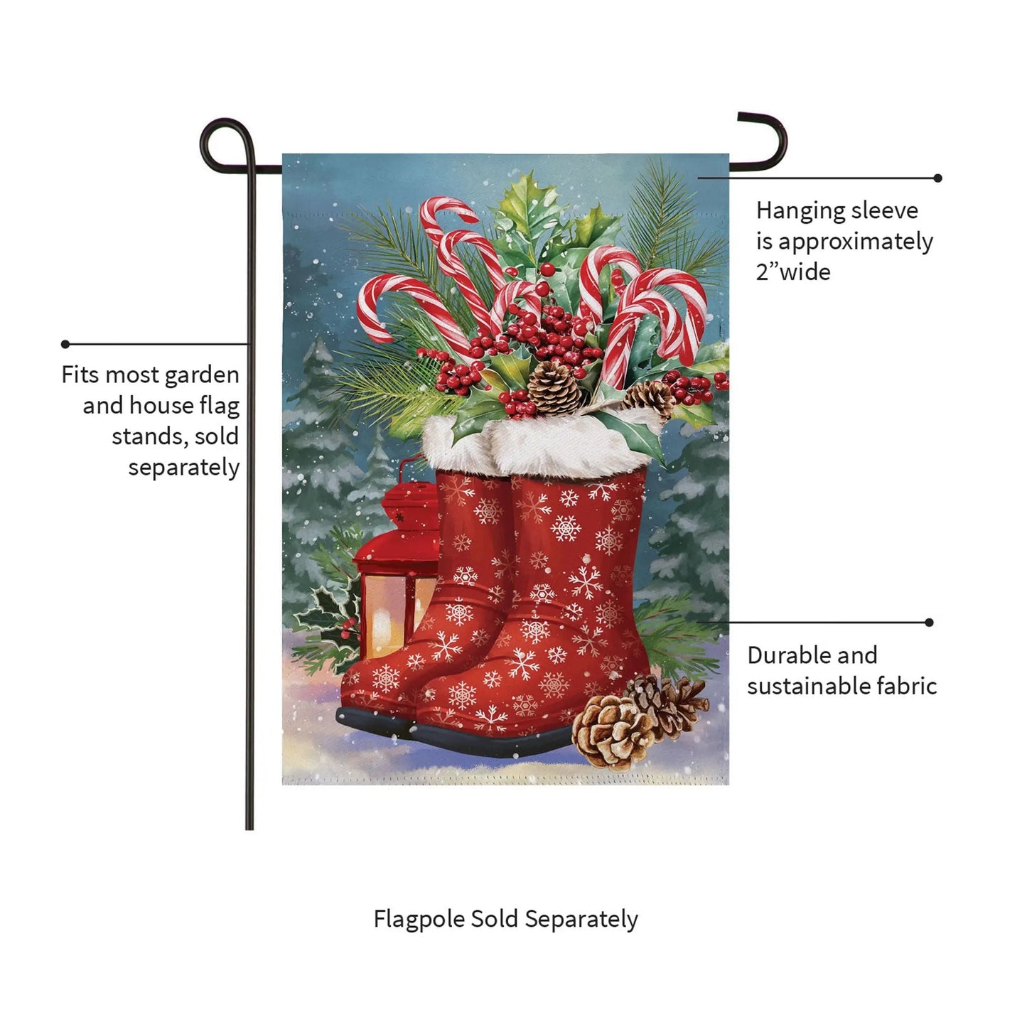 Winter Boots Suede Garden Flag with red stocking, candy canes and pinecones on blue winter scene on Tampa Home & Garden Store