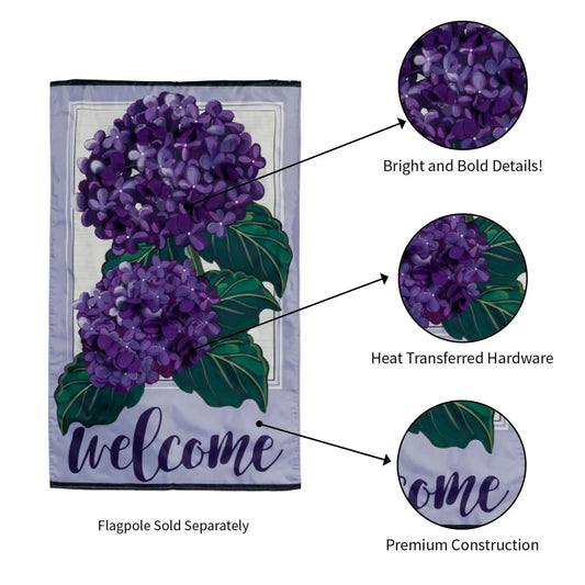 Hydrangea Welcome House Applique Flag by Evergreen Enterprises purple hydrangea on lavender on Tampa Home & Garden Store