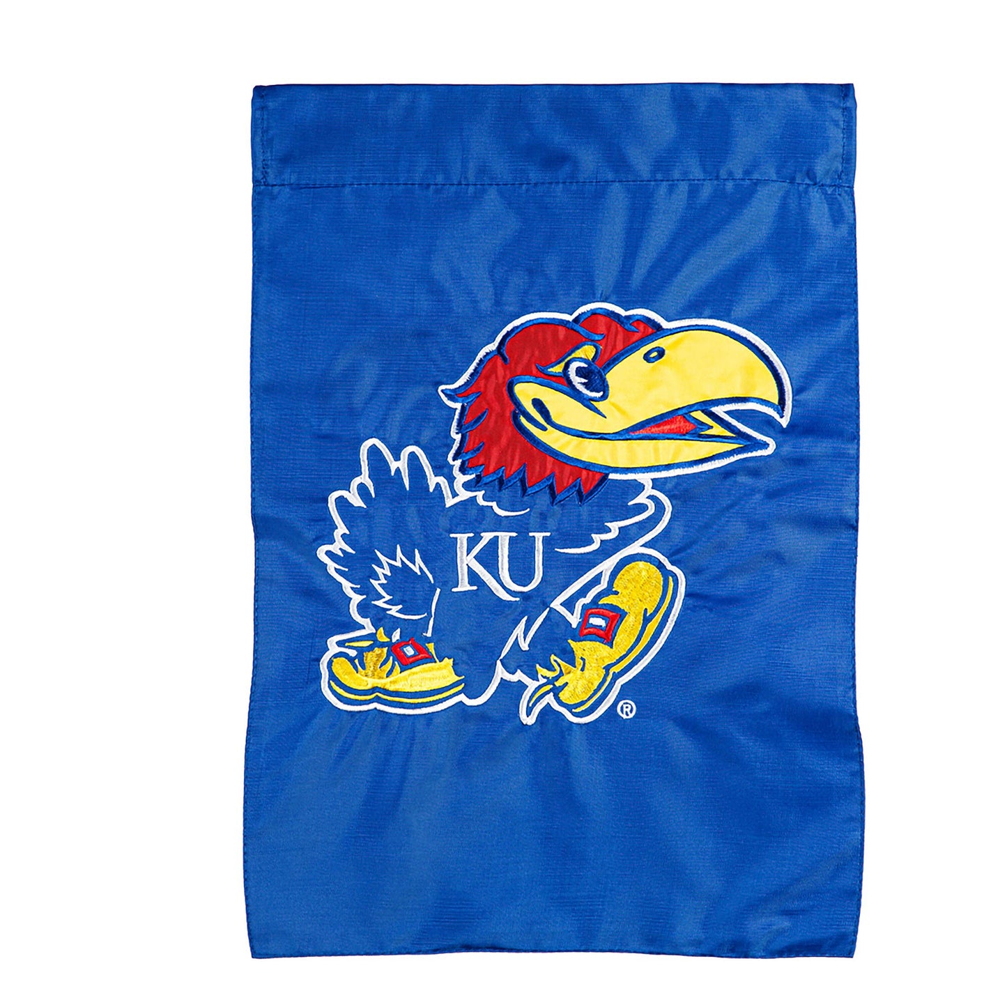 University of Kansas applique garden flag with Jayhawks mascot on blue Evergreen Enterprises on Tampa Home & Garden Store