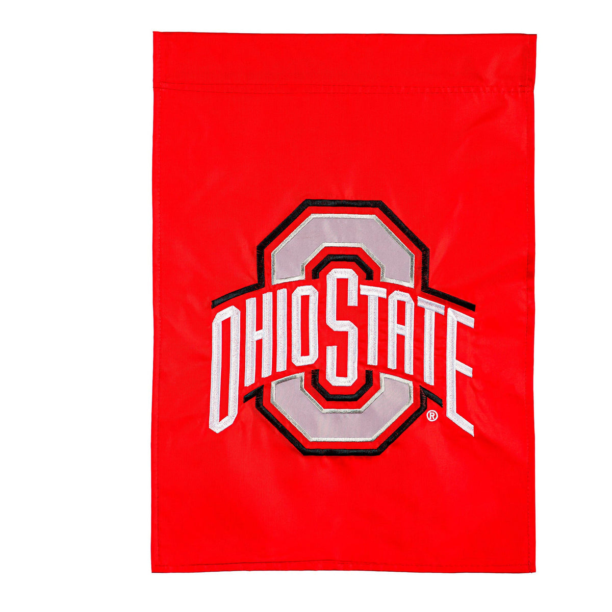 Ohio State University applique garden flag red with large OSU emblem on Tampa Home & Garden Store