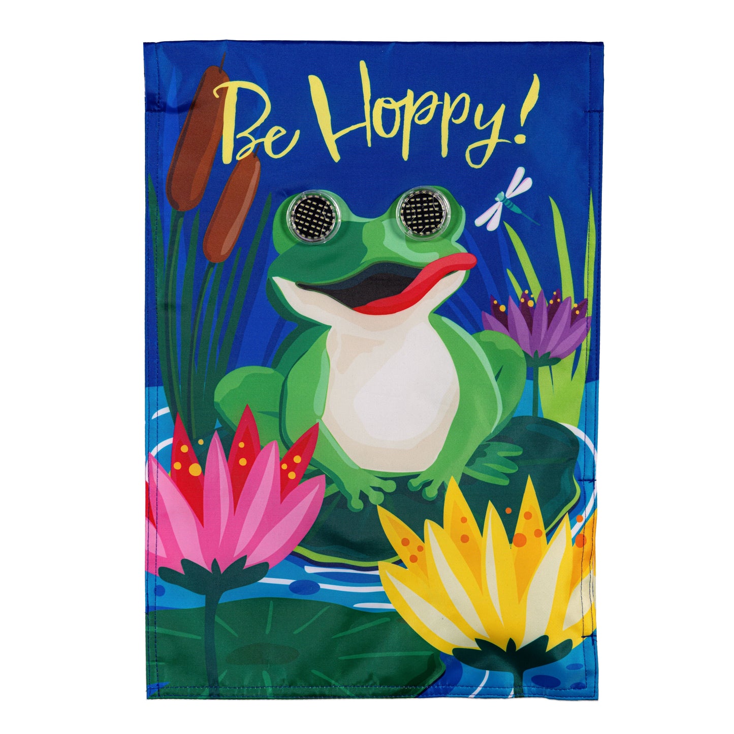 Animated Be Hoppy Applique Lighted Garden Flag with blue tropical frog scene, Be Happy text, and LED eyes on Tampa Home & Garden Store