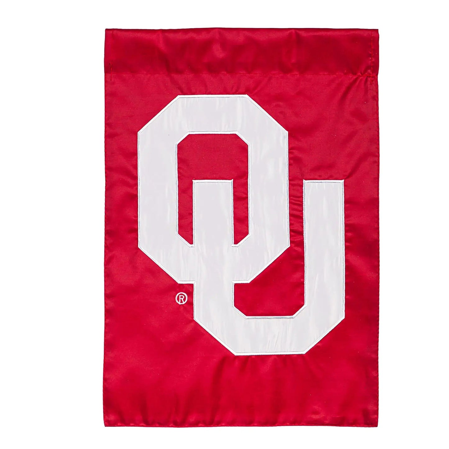 University of Oklahoma applique garden flag in red with bold white OU letters on Tampa Home & Garden Store