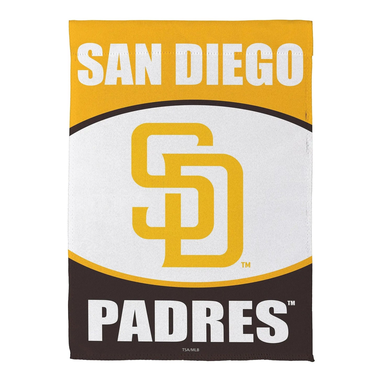 San Diego Padres suede garden flag yellow white brown with bold Padres lettering on Tampa Home & Garden Store