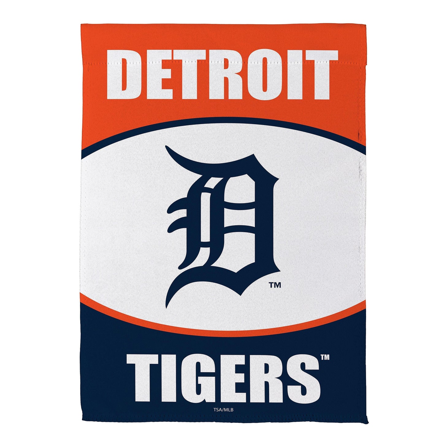 Detroit Tigers Suede Garden Flag orange header with white DETROIT text and navy tiger emblem TIGERS in white on navy bottom on Tampa Home & Garden Store