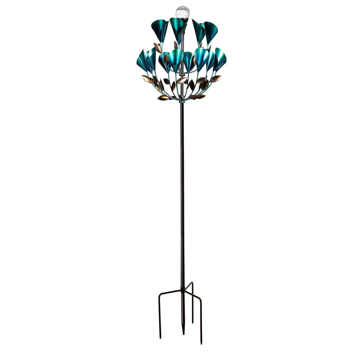Solar Metal Wind Spinner Calla Lily teal petals gold-toned leaves 74 in Evergreen Enterprises on Tampa Home & Garden Store