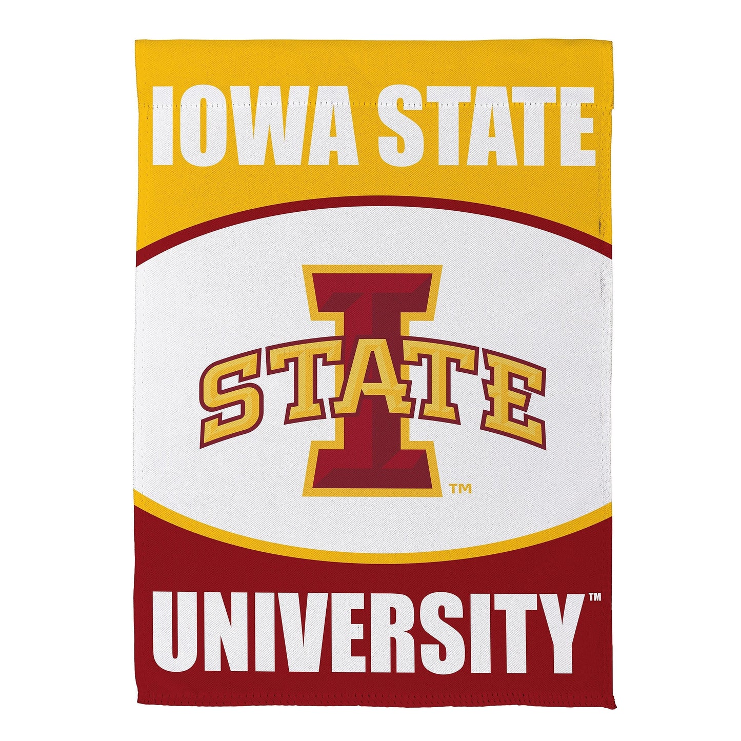 Iowa State University Suede Flag for Door Decor with bold white lettering on yellow field and maroon accents on Tampa Home & Garden Store