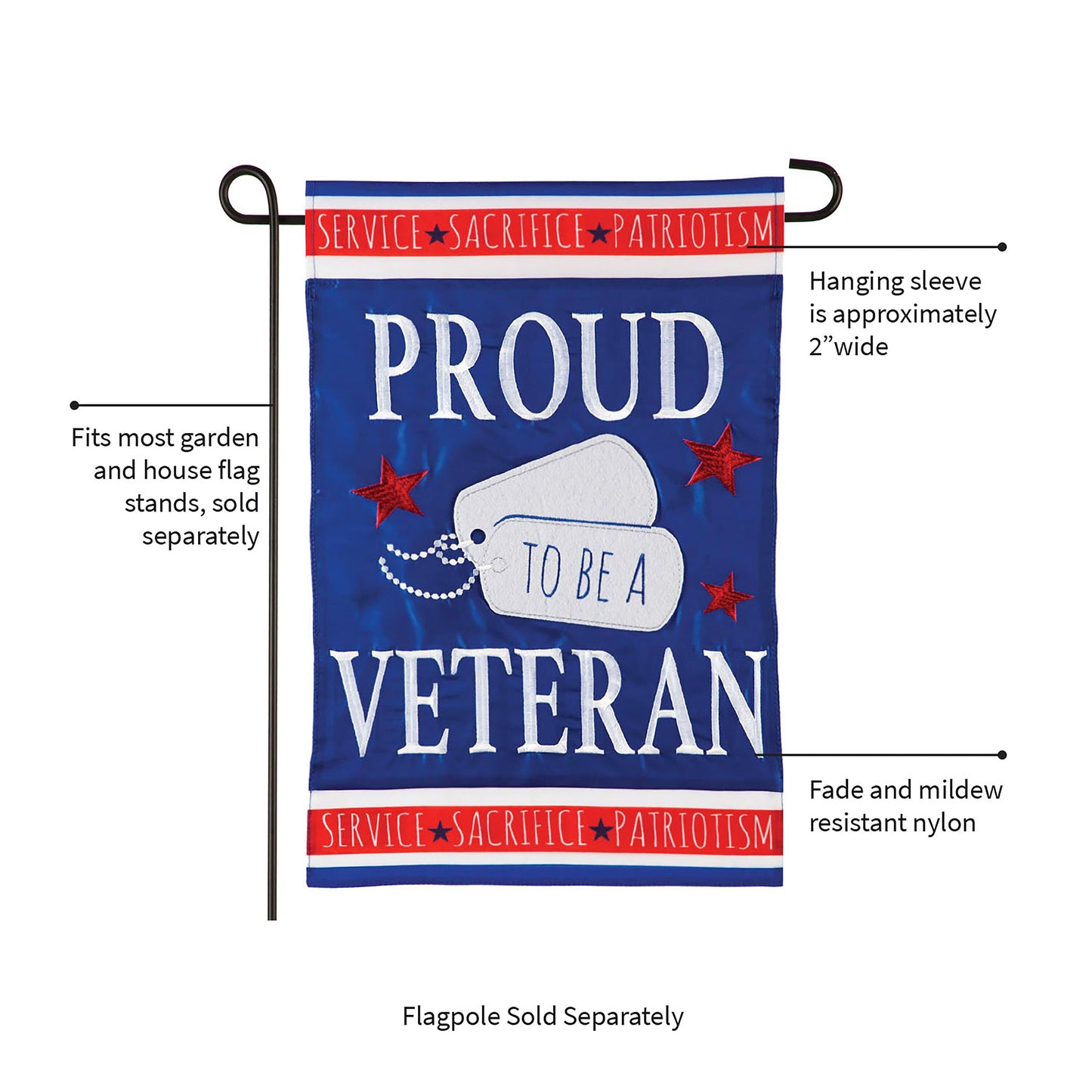 Proud Veteran Garden Flag Evergreen Enterprises blue flag with SERVICE SACRIFICE PATRIOTISM band on Tampa Home & Garden Store