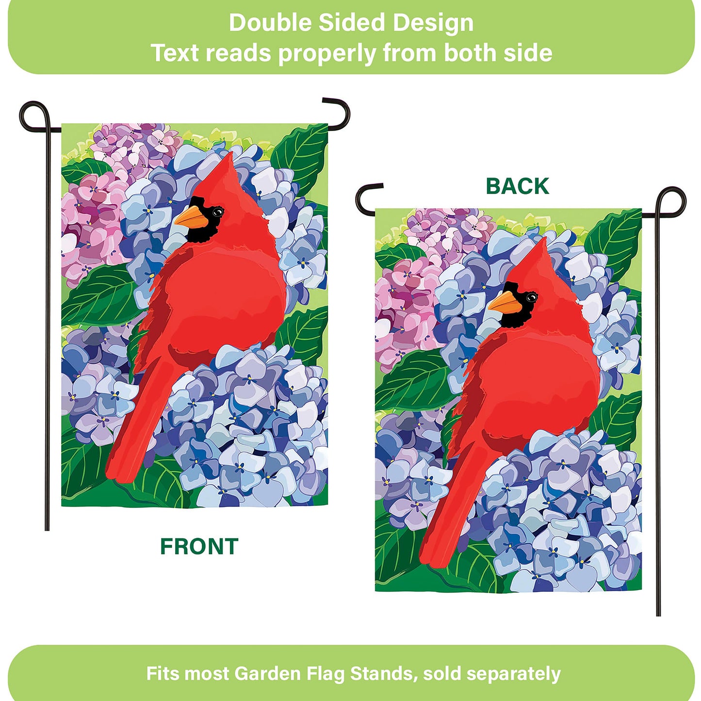 Red cardinal applique garden flag on hydrangea blossoms, double-sided design, pair Evergreen on Tampa Home & Garden Store