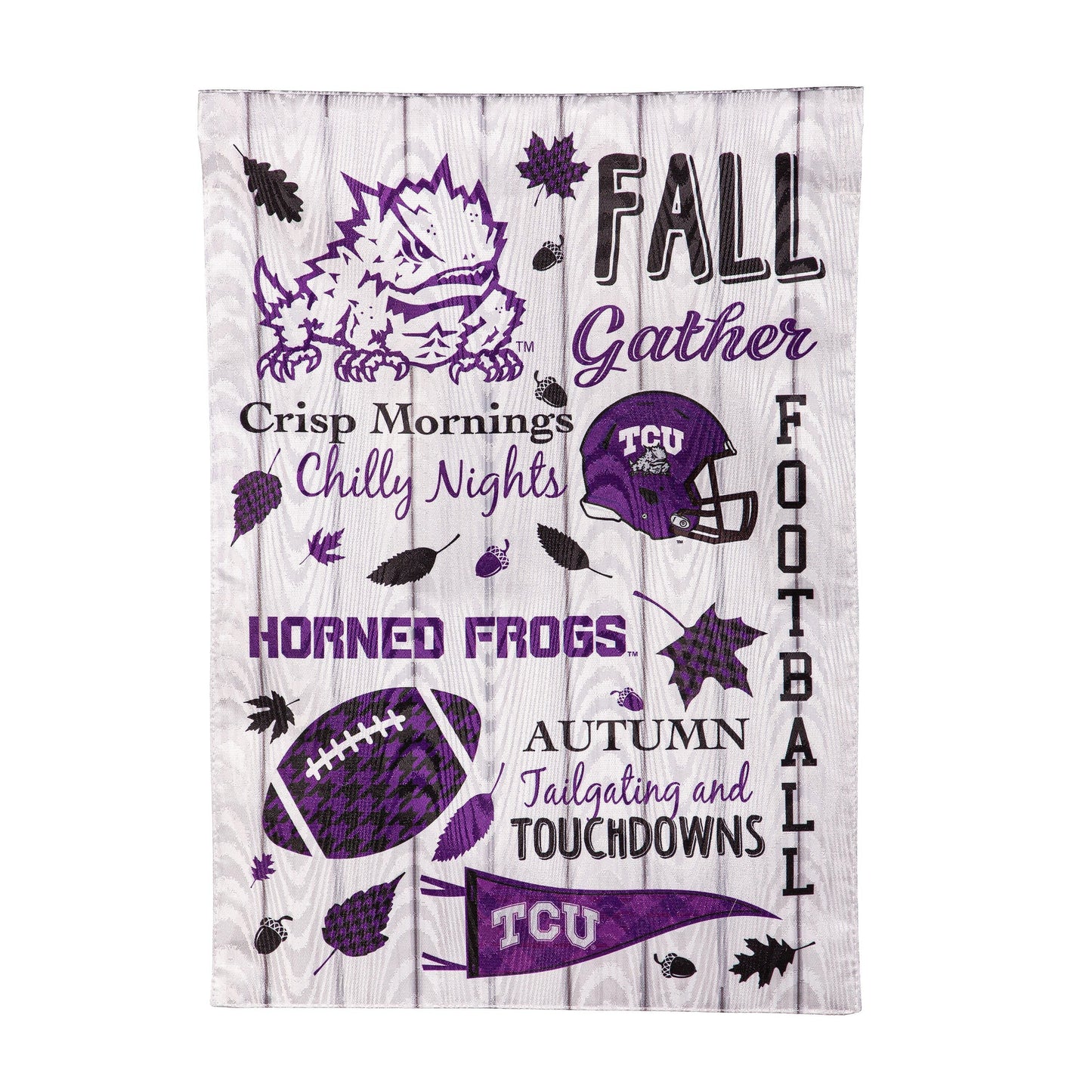 Moire Flag by Evergreen Enterprises with TCU horned frogs and purple helmet art on backdrop on Tampa Home & Garden Store