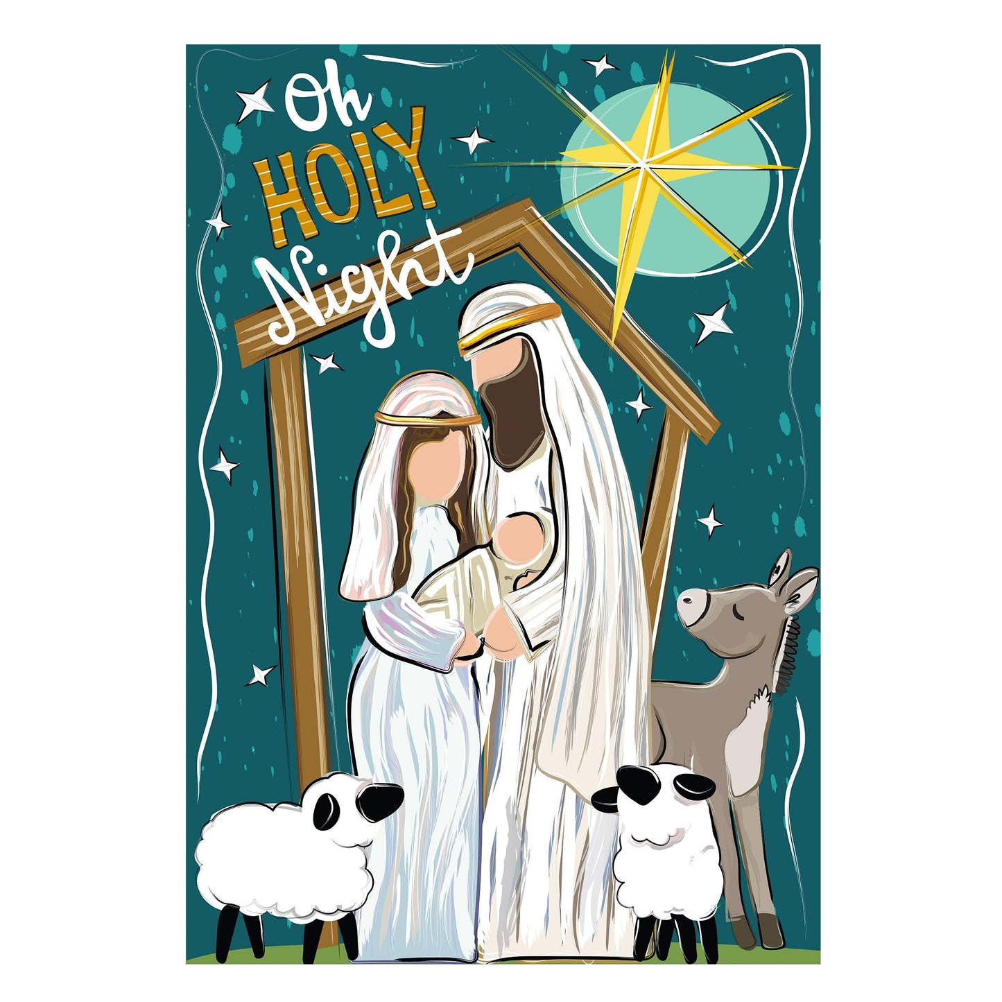 Oh Holy Night Burlap Flag featuring nativity figures, stars and animals on teal banner on Tampa Home & Garden Store