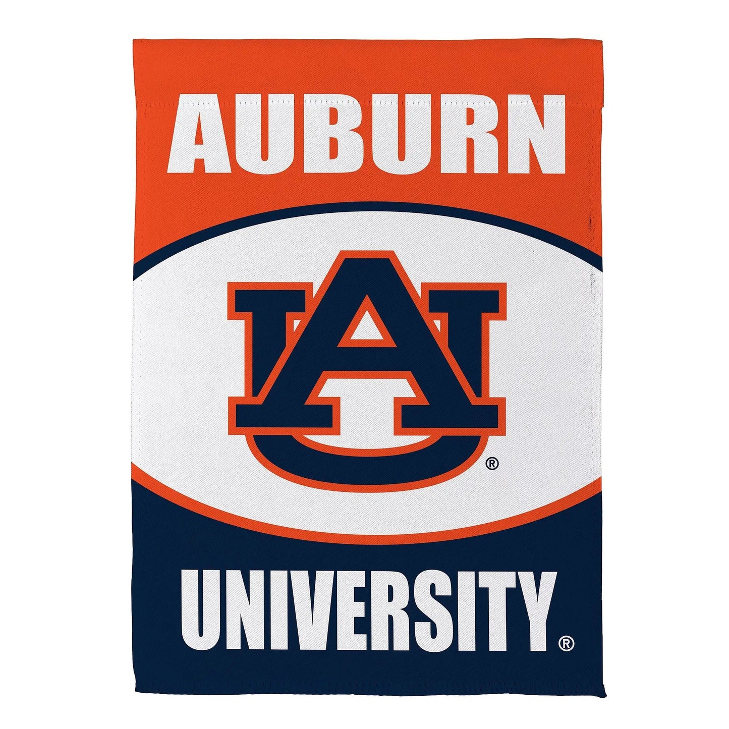 Auburn University suede flag by Evergreen Enterprises with bold orange header and navy lettering on white on Tampa Home & Garden Store