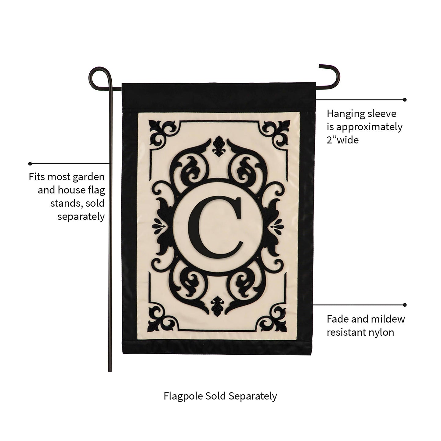 Applique Cambridge Monogram Garden Flag Letter C with black border by Evergreen Enterprises on Tampa Home & Garden Store