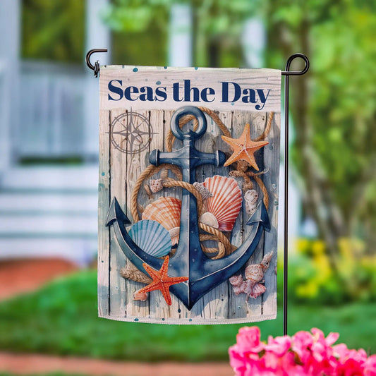 Seas the Day Anchor Suede Garden Flag with bright nautical art featuring blue anchor, rope and seashells on Tampa Home & Garden Store