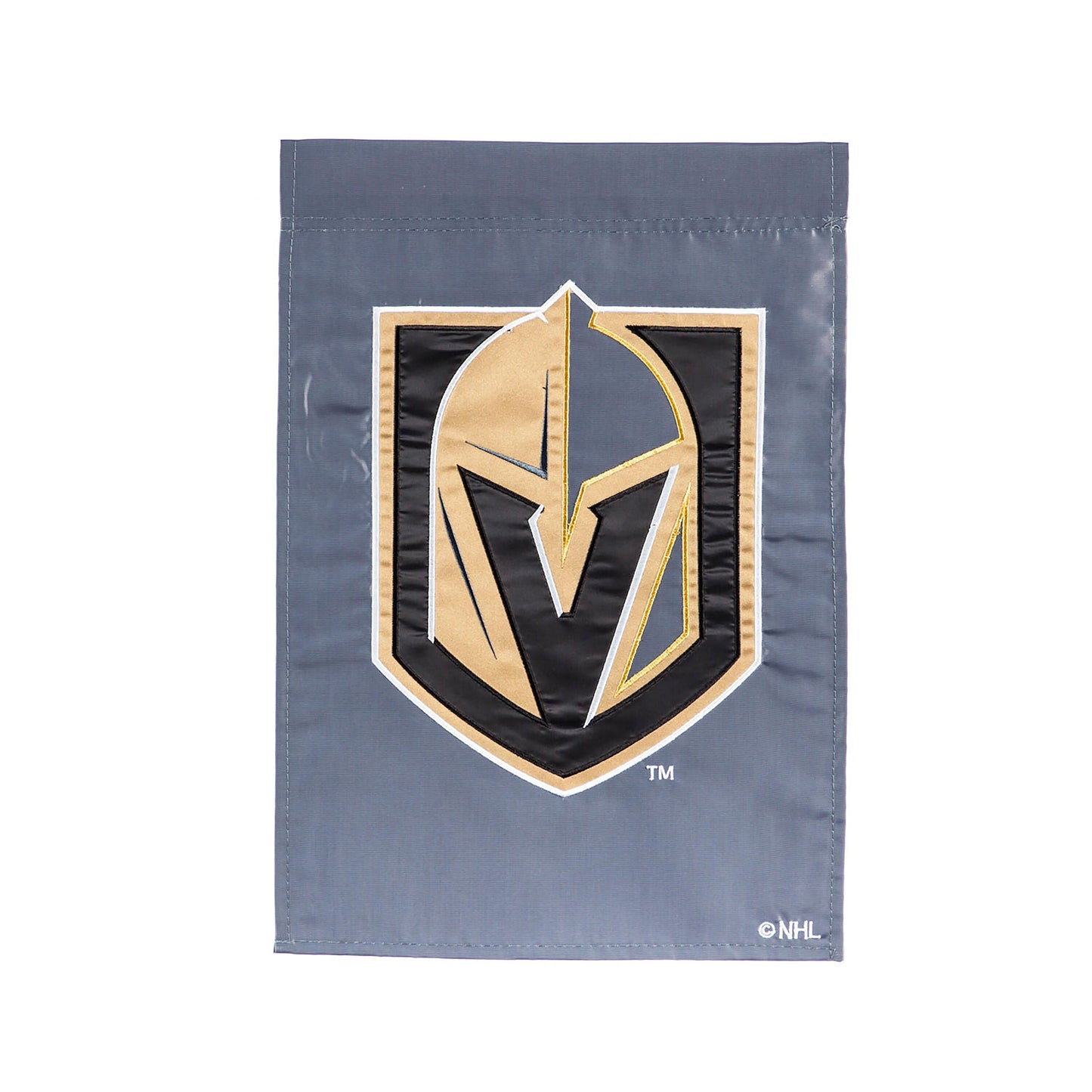 Vegas Golden Knights applique garden flag with gold and black shield on gray-blue field, stitched border on Tampa Home & Garden Store