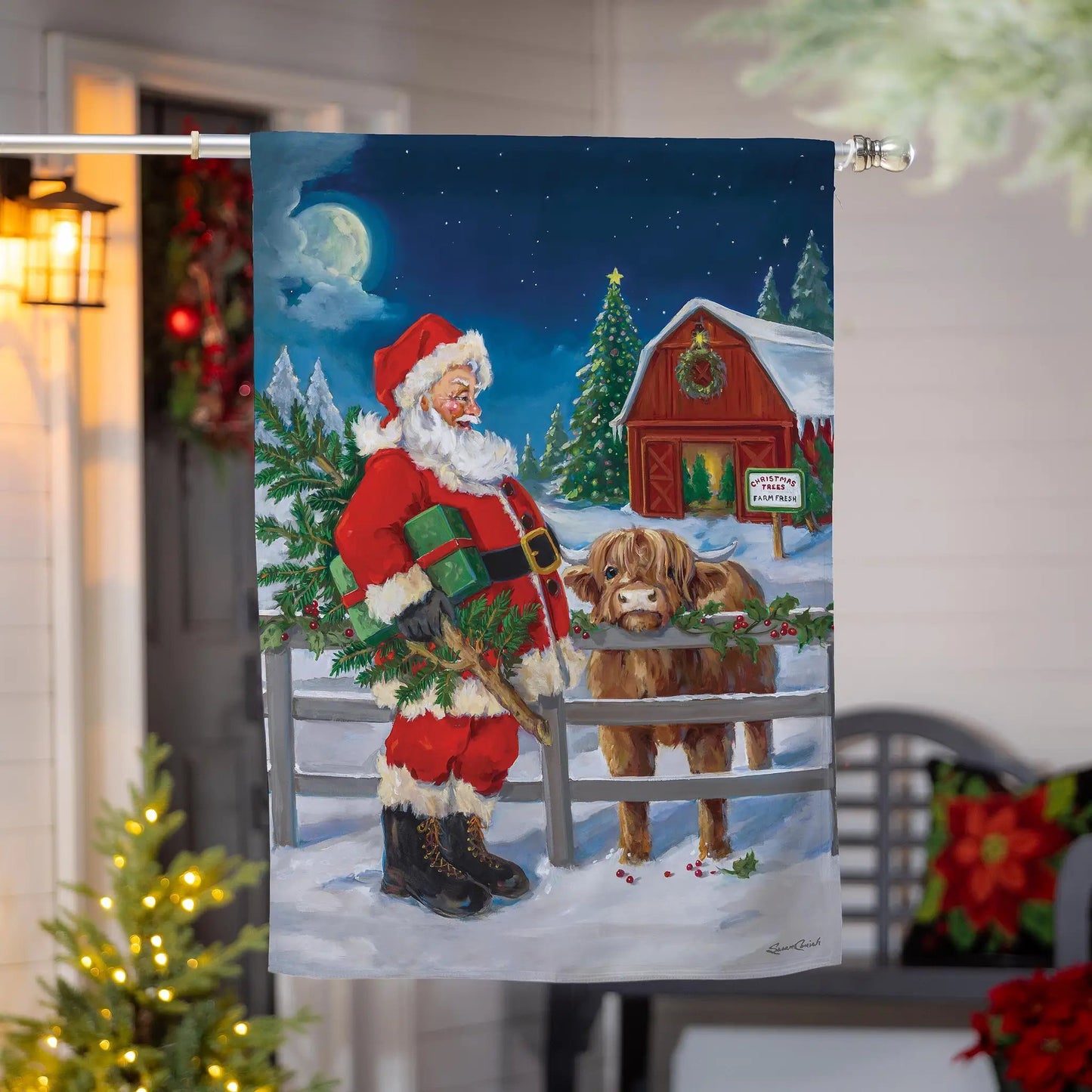 Santa and Highland Cow suede house flag with blue night sky, Evergreen Enterprises on Tampa Home & Garden Store