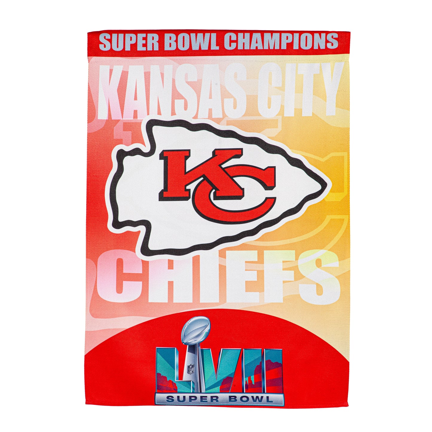 Embossed suede flag Kansas City Chiefs Champions with KC logo on red gold background house size on Tampa Home & Garden Store