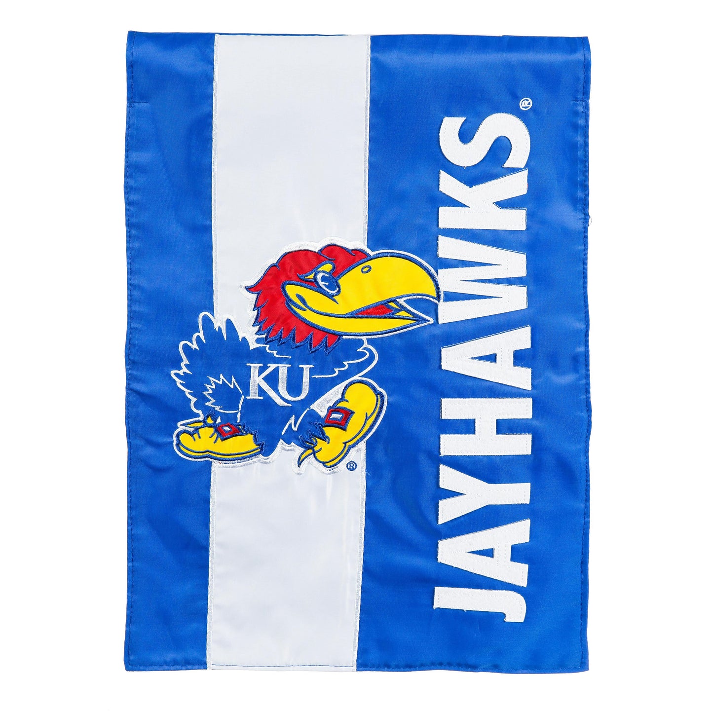 Garden flag KU Jayhawks embellished applique in blue and white by Evergreen Enterprises on Tampa Home & Garden Store