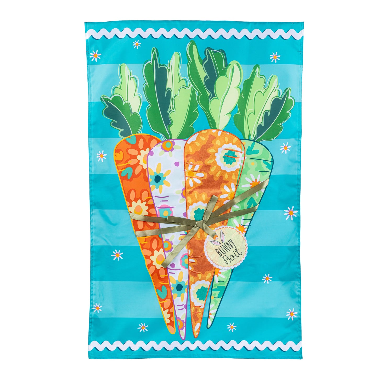 Bunny Bait Bunch Applique House Flag turquoise background with colorful carrot bouquet on Tampa Home & Garden Store