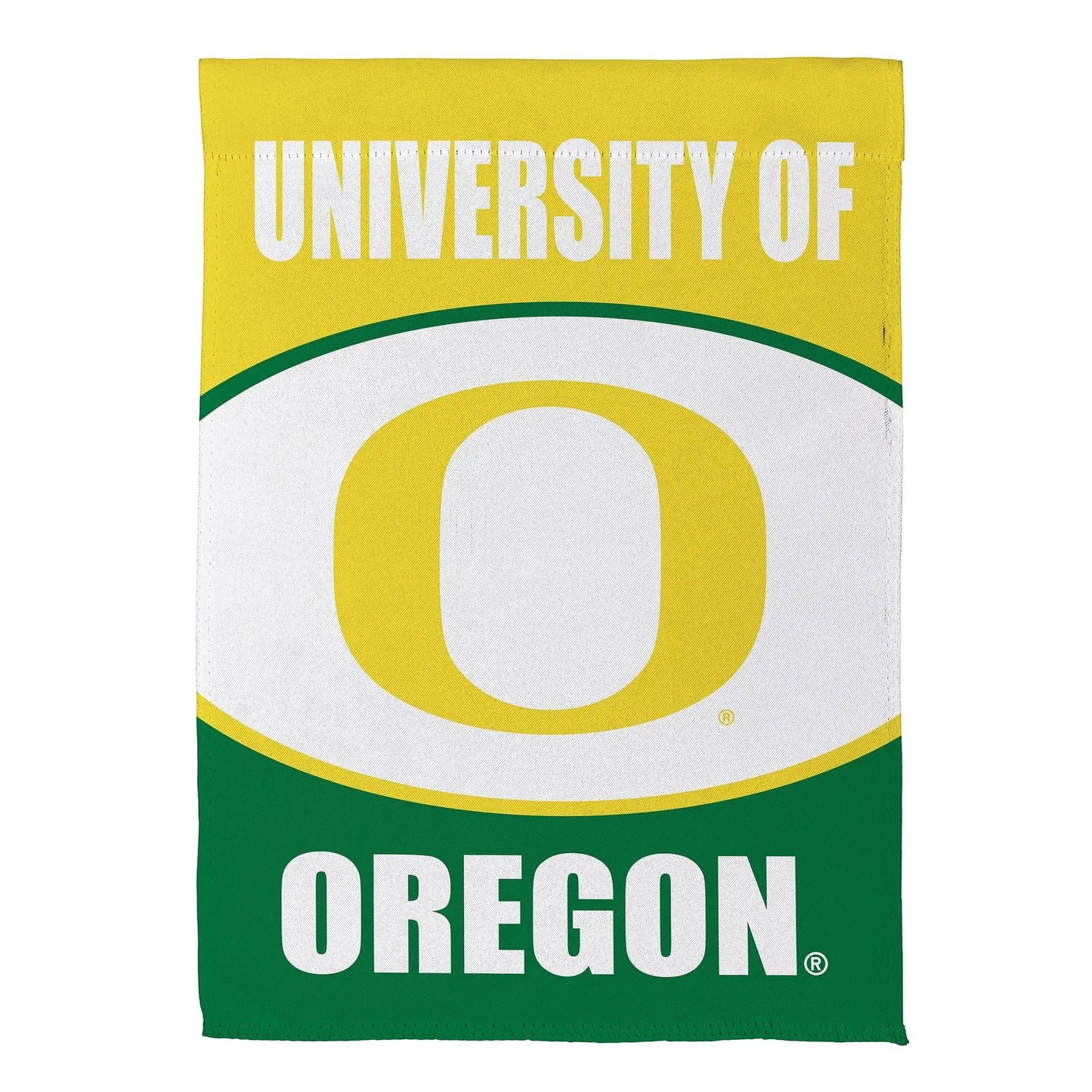 University of Oregon suede flag, green and yellow with white lettering, Evergreen Enterprises on Tampa Home & Garden Store