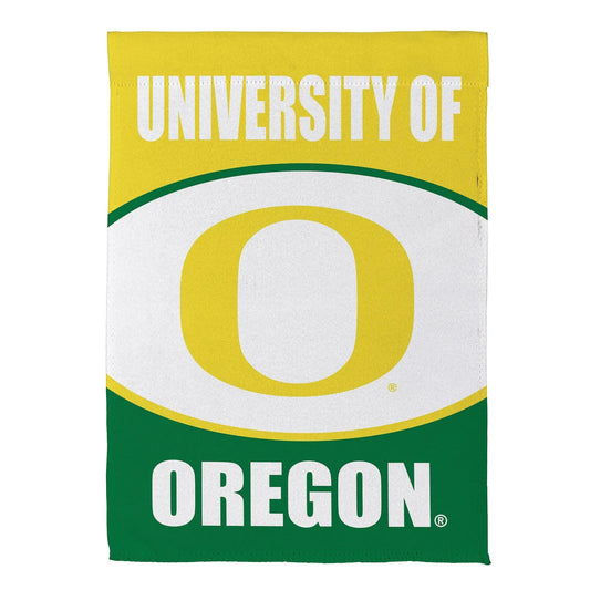 University of Oregon suede flag, green and yellow with white lettering, Evergreen Enterprises on Tampa Home & Garden Store