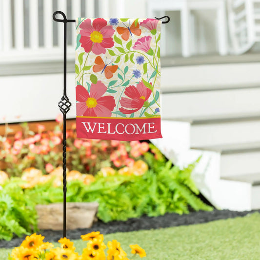 Wildflower Bunch Suede Garden Flag with pink flowers, green leaves, butterfly and Welcome band on Tampa Home & Garden Store