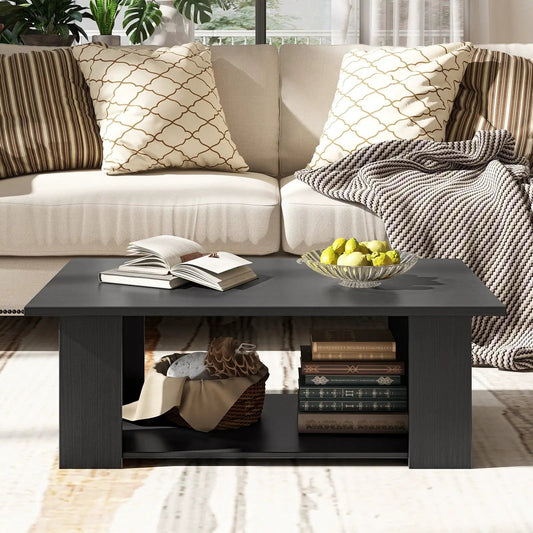 41-inch two-tier black wooden coffee table with lemon bowl on top; bottom shelf holds books on Tampa Home & Garden Store