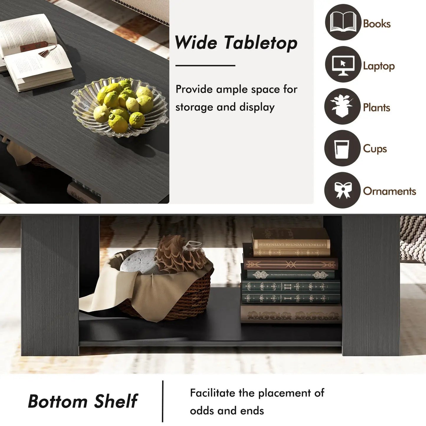 Large 41-inch two-tier black wooden coffee table with bottom shelf, glass bowl of lemons on top on Tampa Home & Garden Store