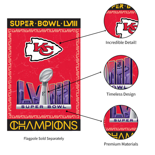 Kansas City Chiefs SB58 Champions suede house flag with red field, black header KC logo on Tampa Home & Garden Store