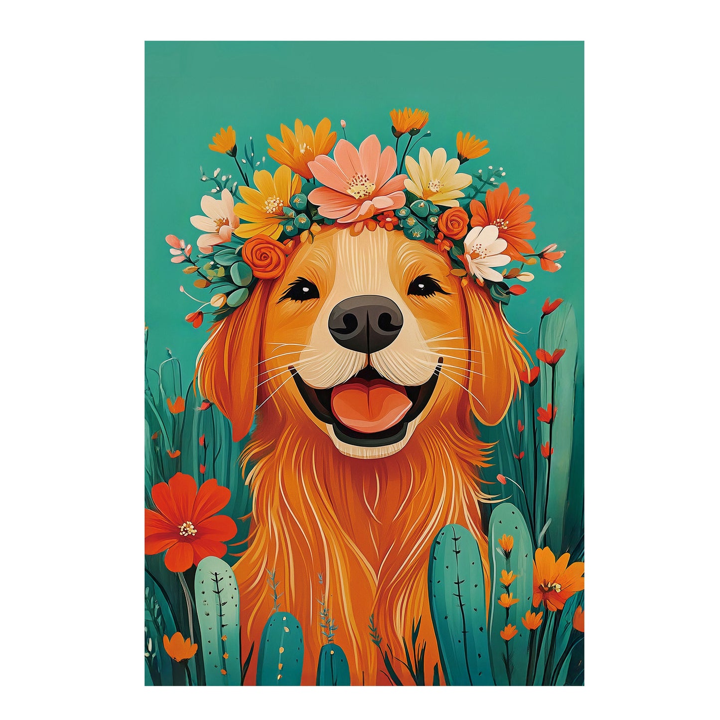 Floral Dog Applique Garden Flag with a smiling retriever and flower crown on teal background on Tampa Home & Garden Store