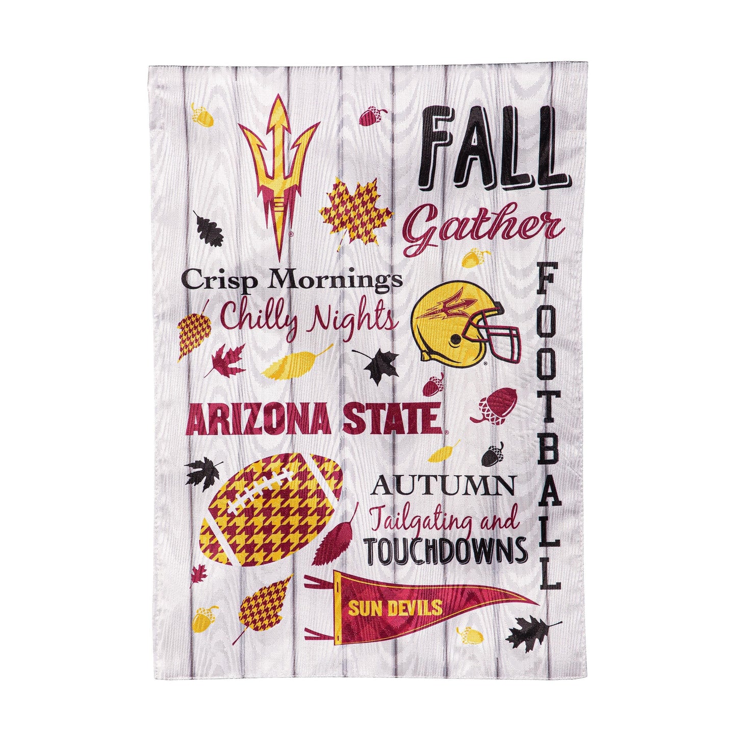 Arizona State University moire flag with fall graphics and football helmet on wood backdrop on Tampa Home & Garden Store