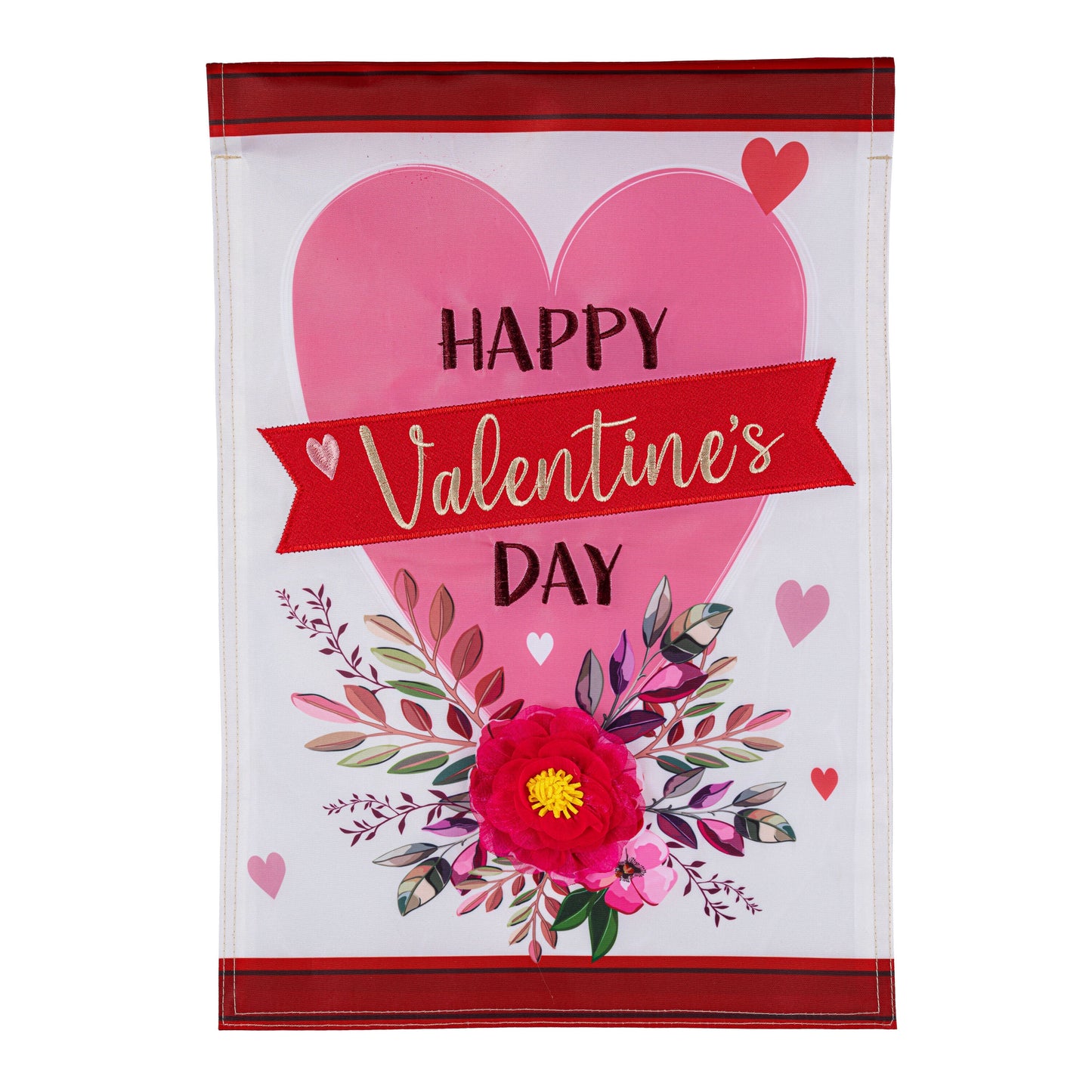 Applique garden flag Happy Valentine's Day with pink heart and floral bouquet on Tampa Home & Garden Store