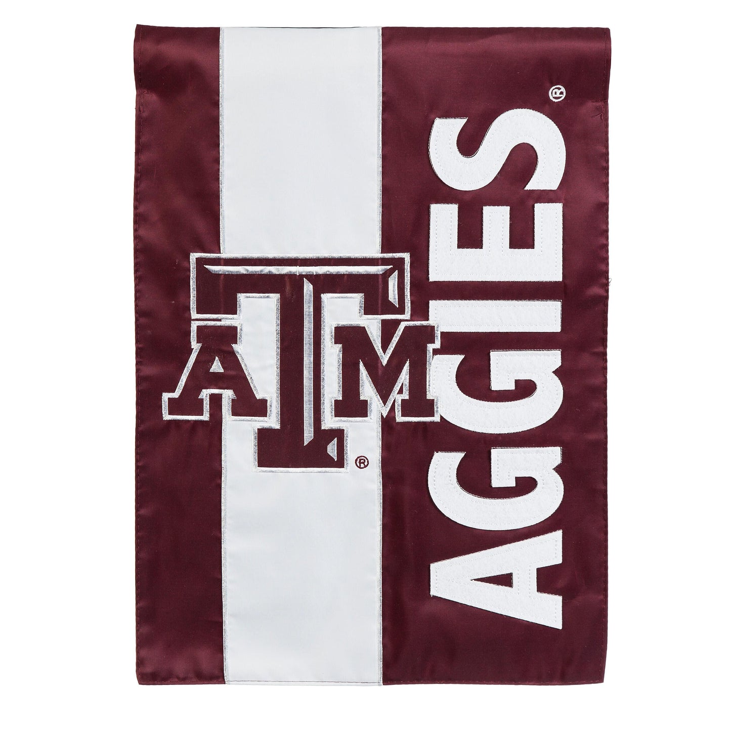 Texas A&M embellished garden flag applique on maroon fabric with large white letters on Tampa Home & Garden Store