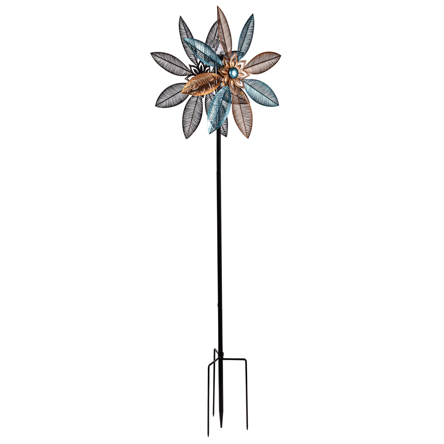 Metal Solar Wind Spinner Copper and Turquoise Pedal Flower 75-inch tall on stake on Tampa Home & Garden Store