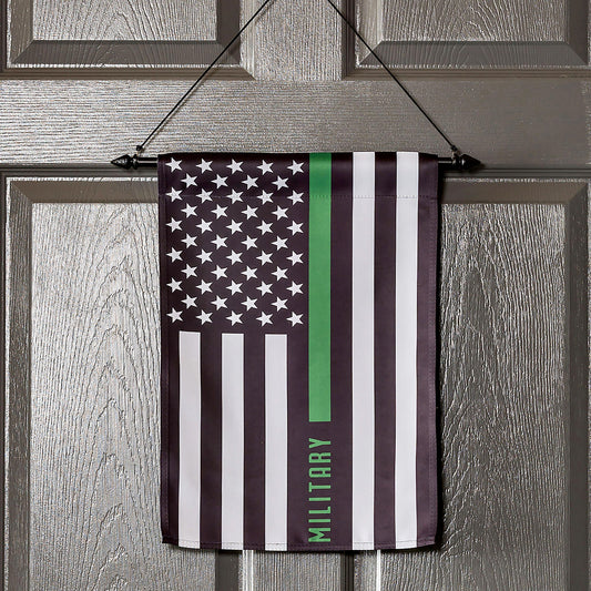Suede garden flag Military Thin Green Line with stars burgundy field and green center stripe on Tampa Home & Garden Store