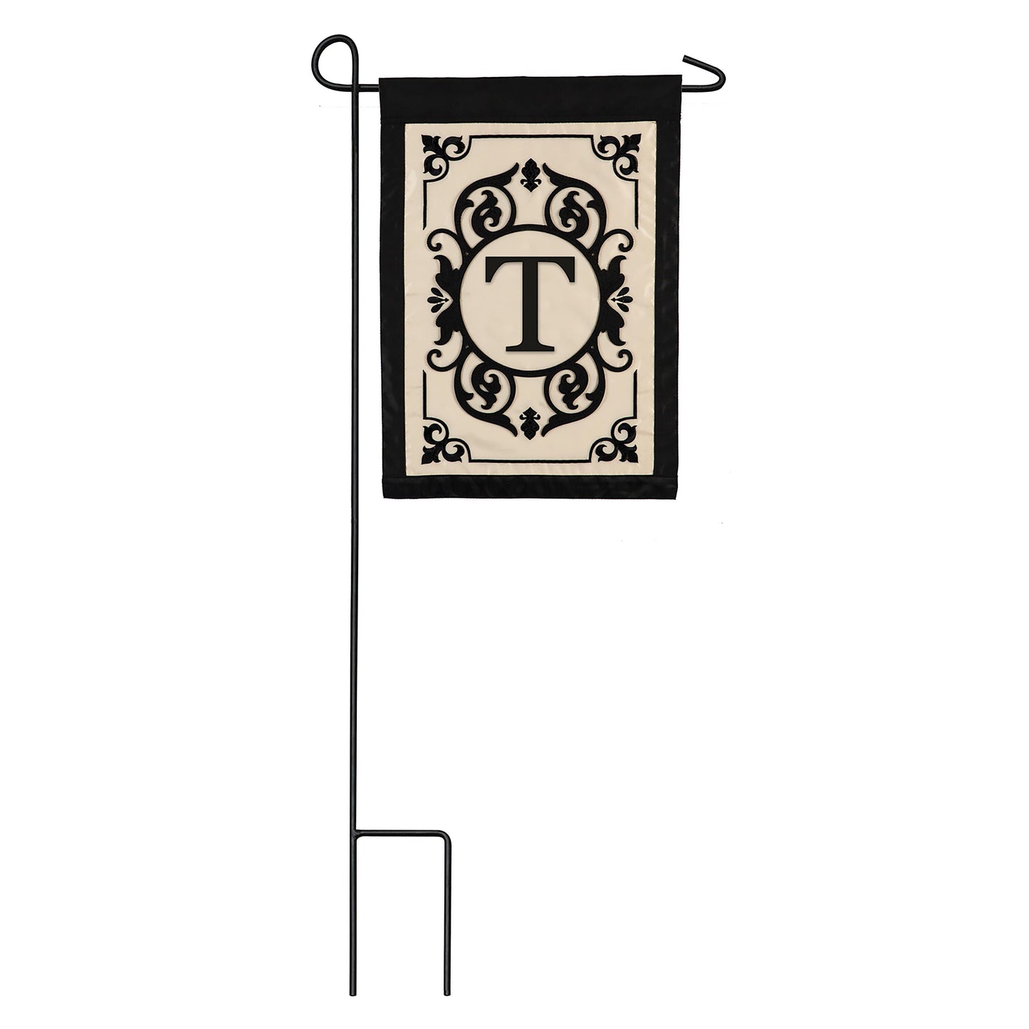 Cambridge Monogram Garden Applique Flag Letter T on beige background with black ornate border on Tampa Home & Garden Store