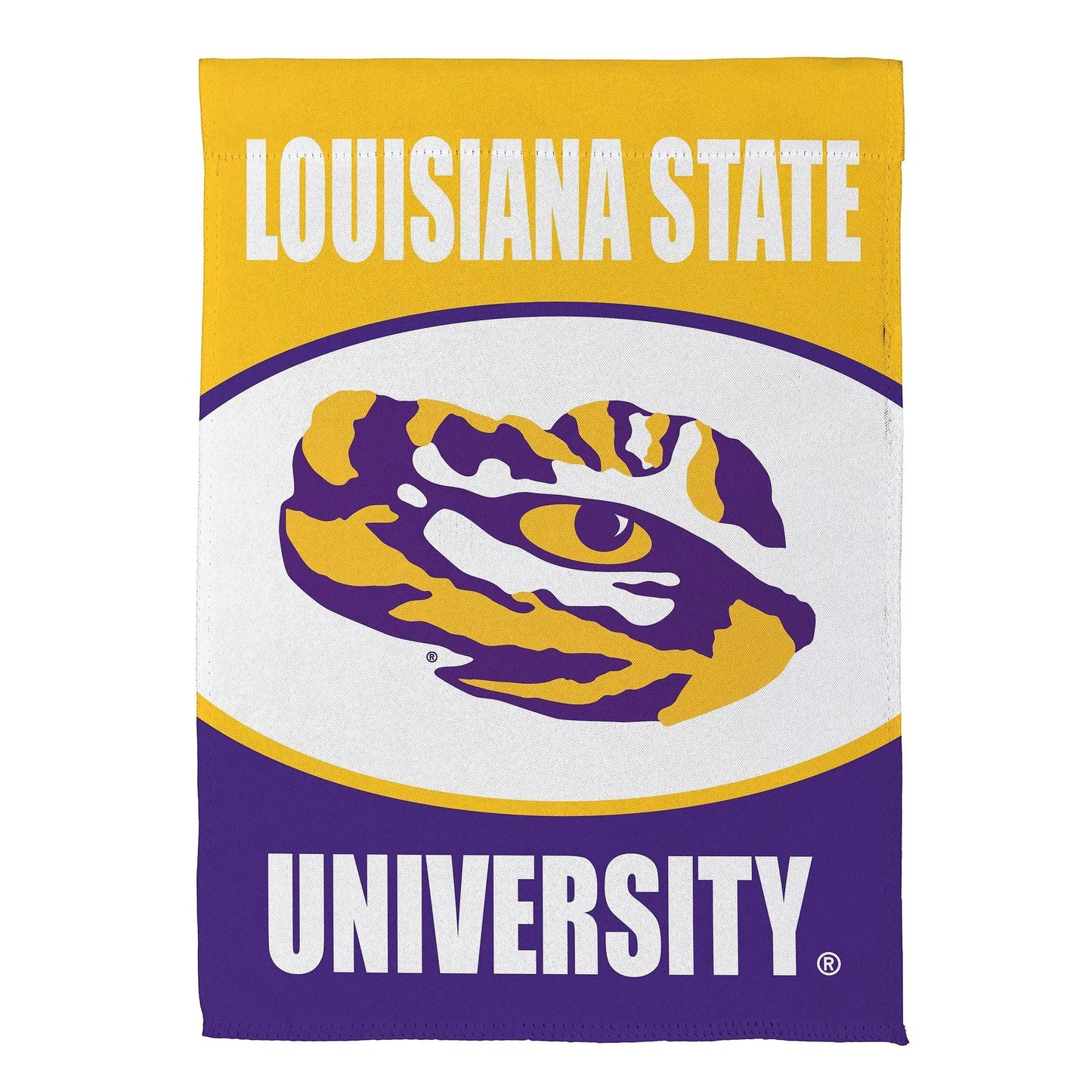 Louisiana State University suede flag with white LSU text on field and purple tiger emblem on Tampa Home & Garden Store