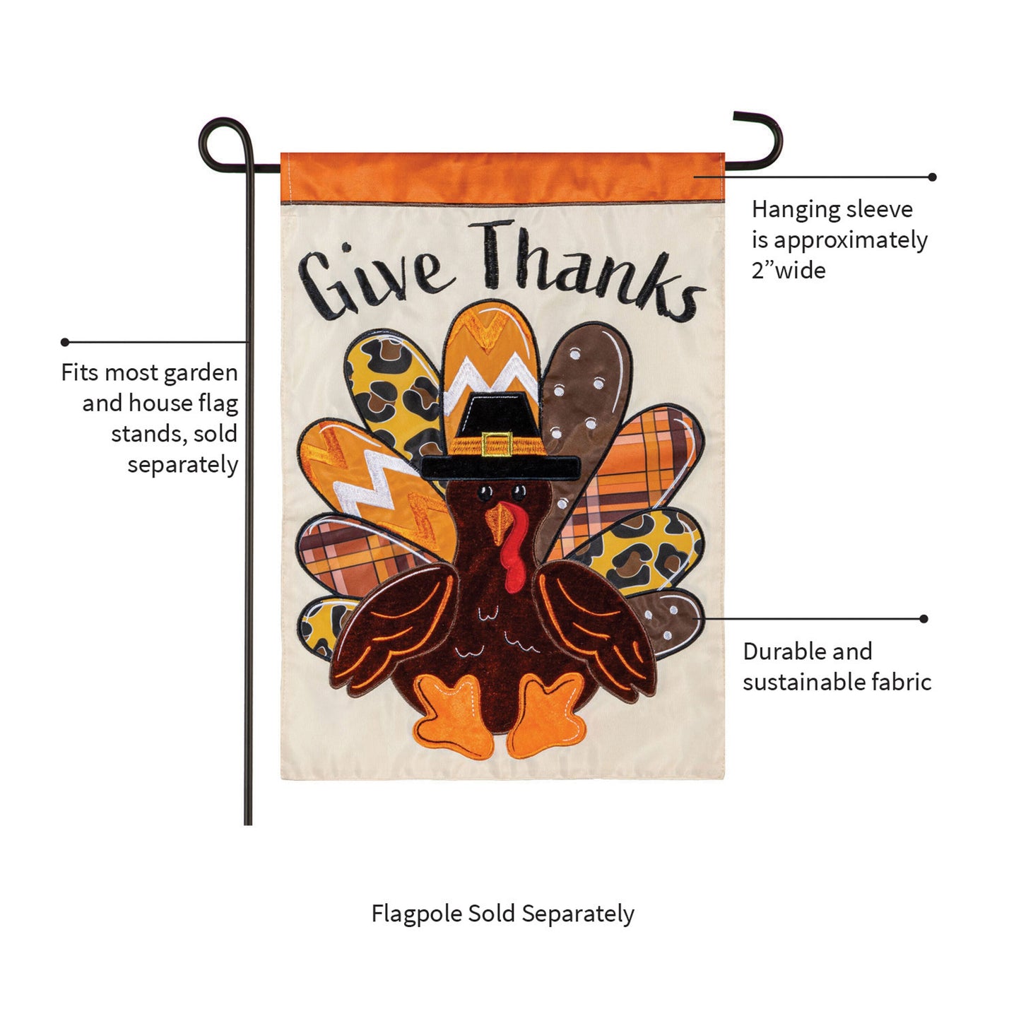 Give Thanks Patterned Turkey Applique Garden Flag with turkey appliques and orange header on Tampa Home & Garden Store
