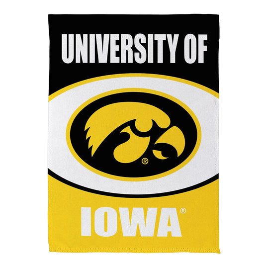 University of Iowa suede house flag with black header and yellow Hawkeye emblem on Tampa Home & Garden Store