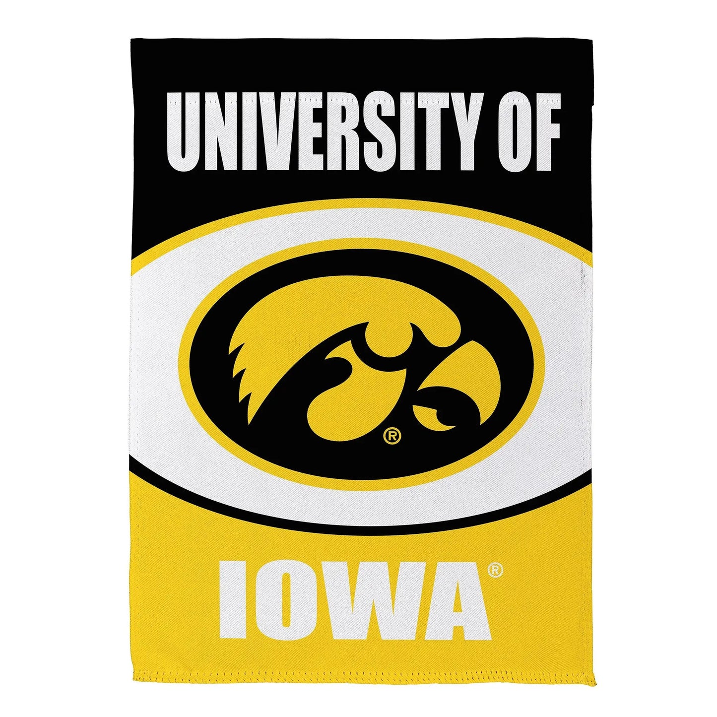 University of Iowa suede house flag with black header and yellow Hawkeye emblem on Tampa Home & Garden Store